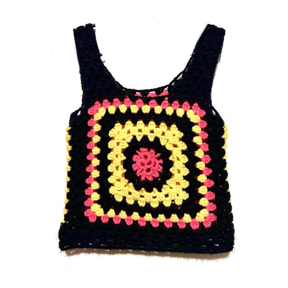 Vintage Crochet Granny Square Vest Tank Multi Black Pink Yellow XS/S